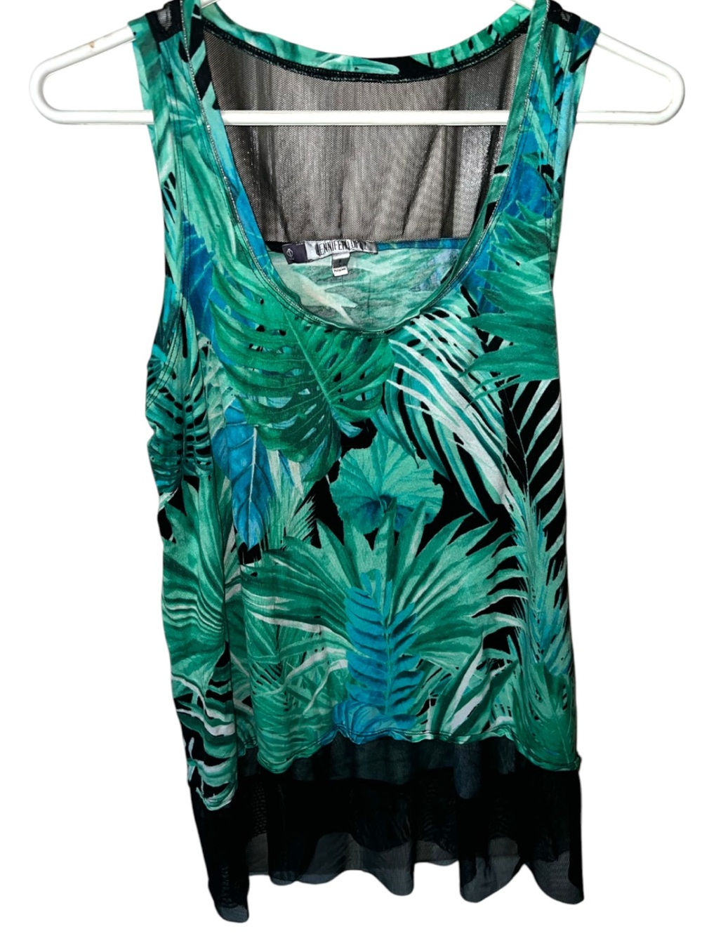 Jennifer Lopez Green Tropical Leaf Palm Tree Print Tank Top with Mesh Black Trim